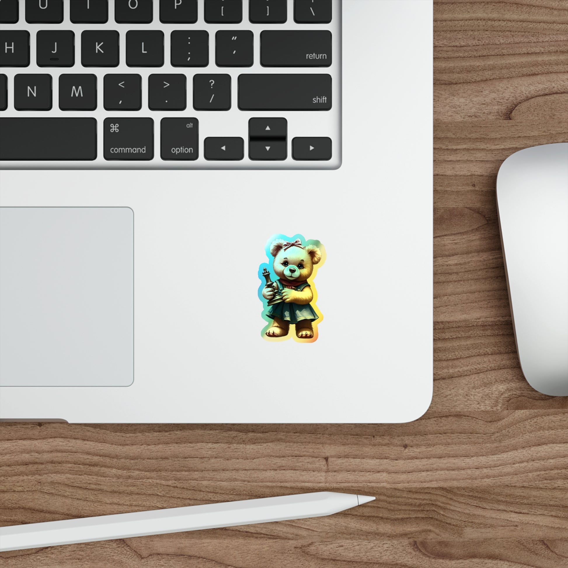 Whimsical Holographic Die-cut Stickers - Cute Teddy Bear with Chess Piece