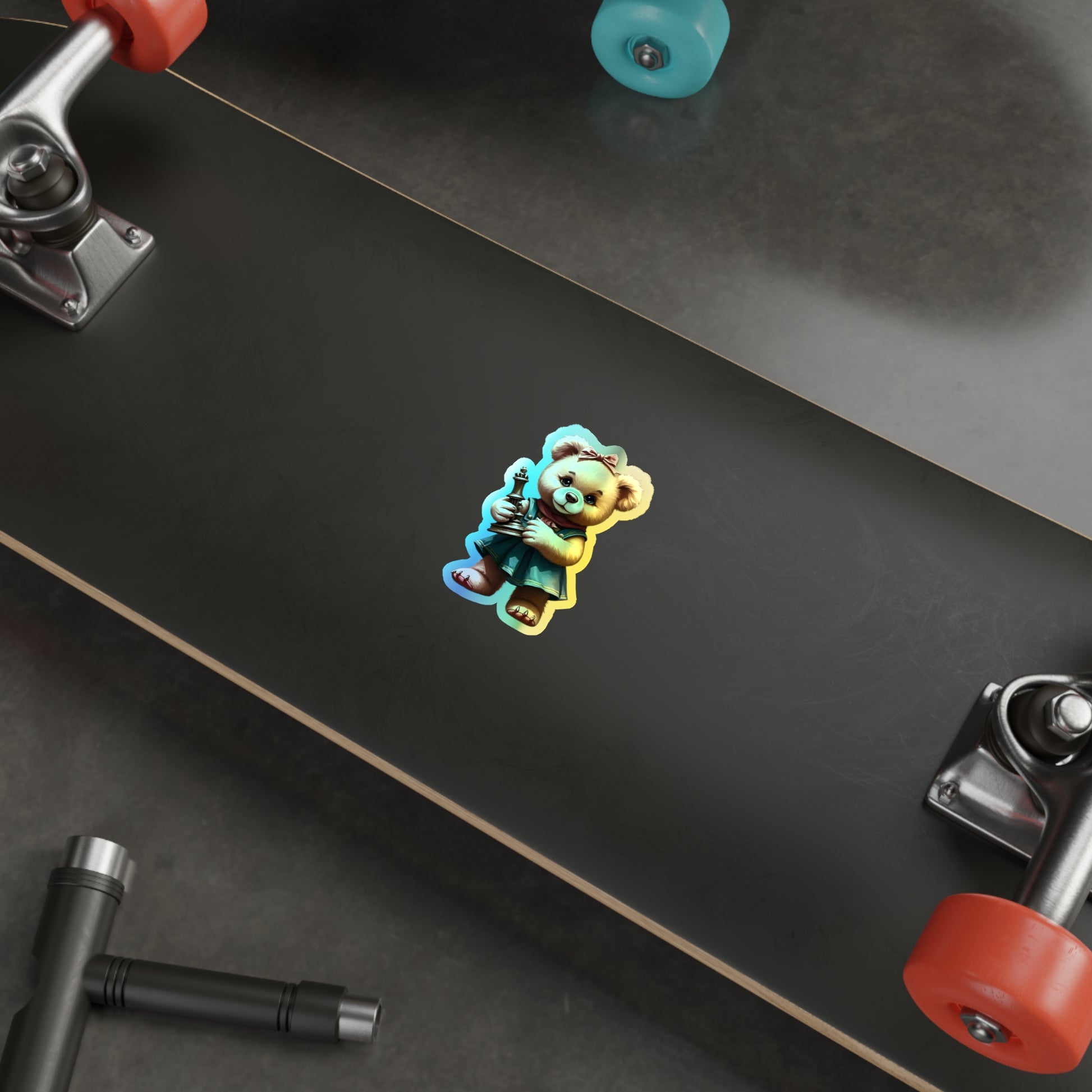 Whimsical Holographic Die-cut Stickers - Cute Teddy Bear with Chess Piece