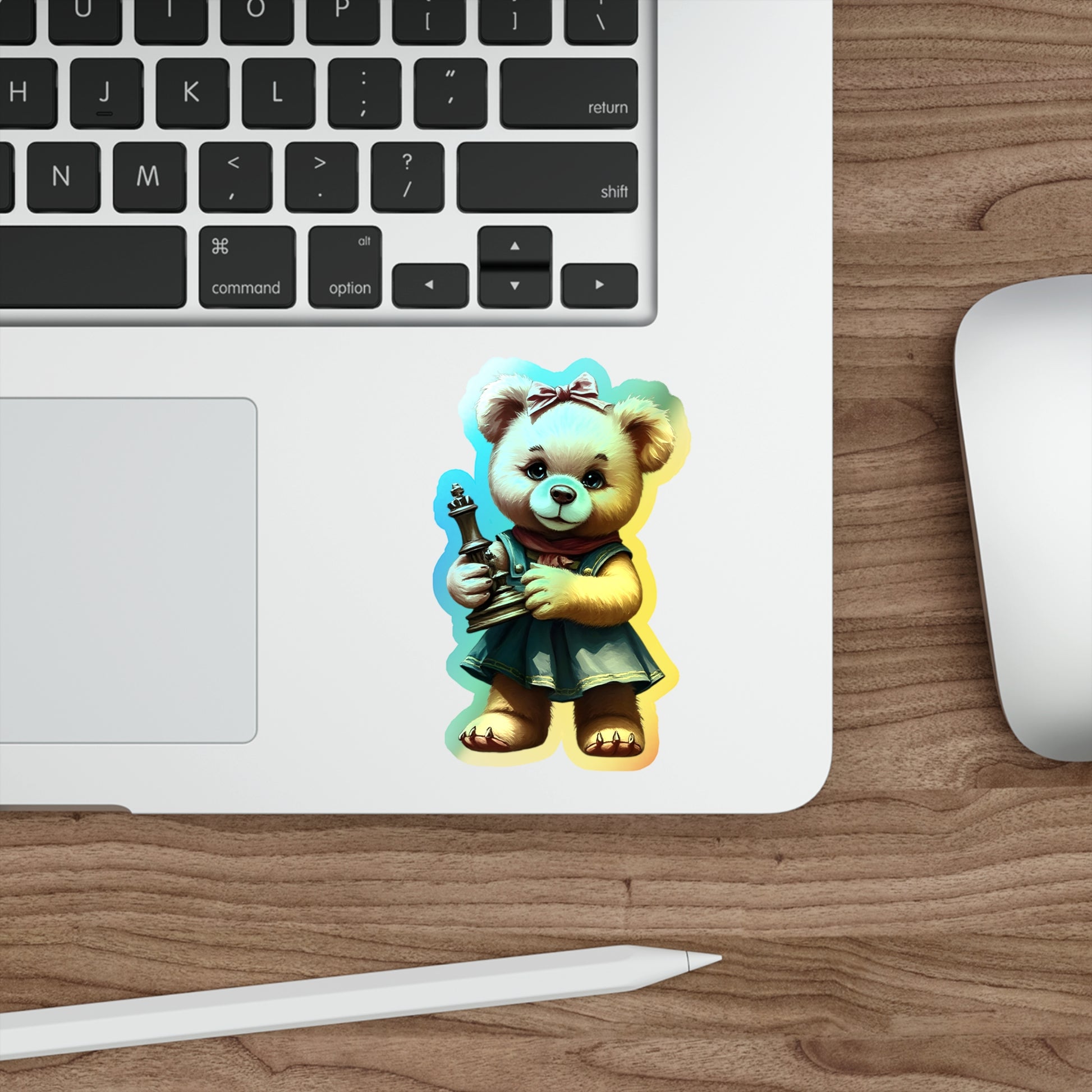 Whimsical Holographic Die-cut Stickers - Cute Teddy Bear with Chess Piece
