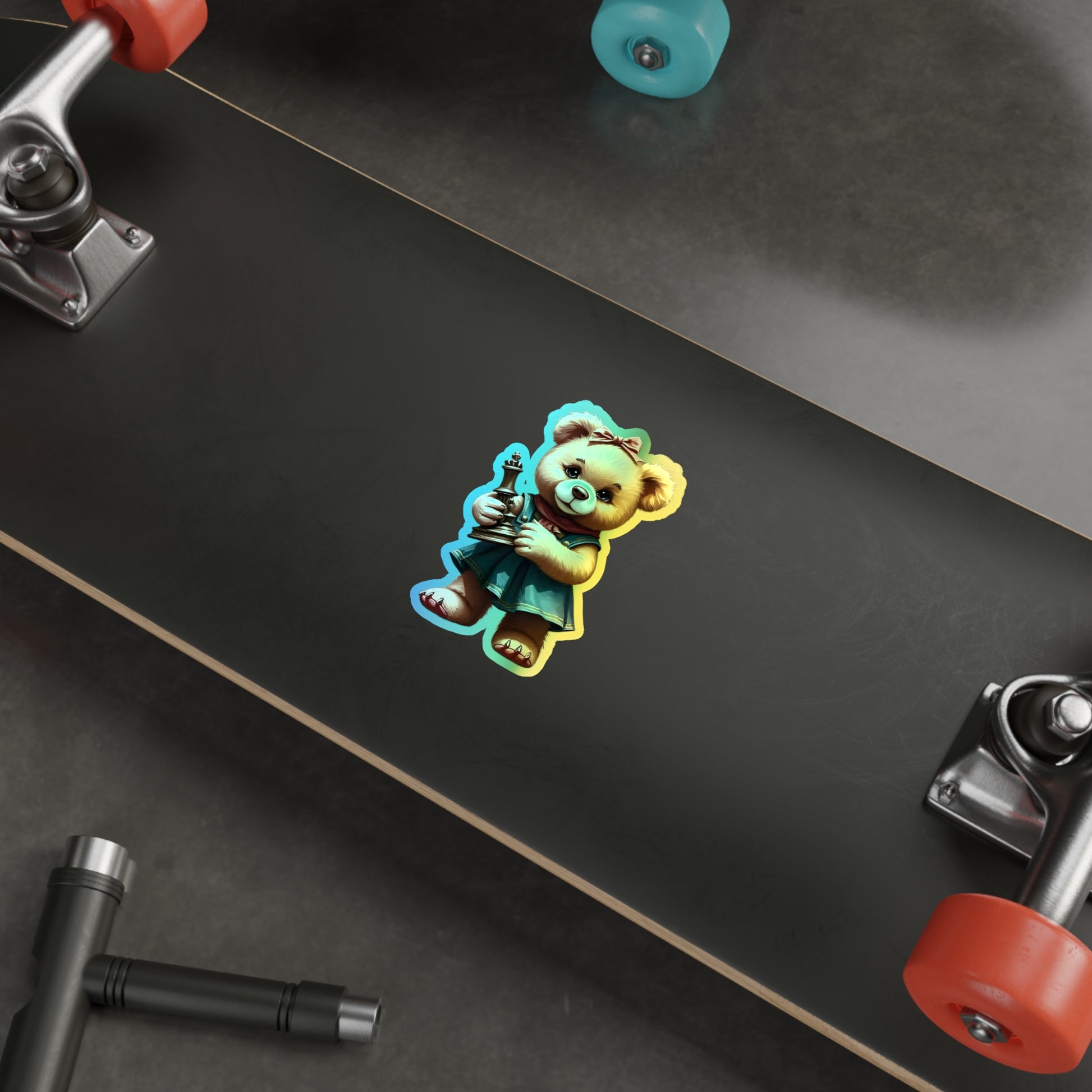 Whimsical Holographic Die-cut Stickers - Cute Teddy Bear with Chess Piece
