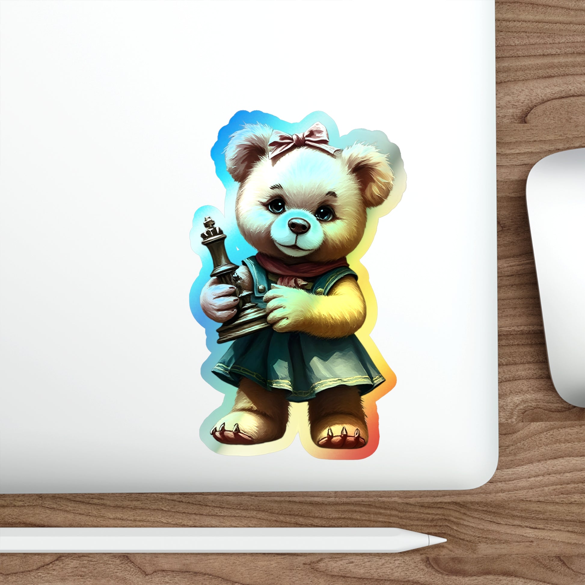 Whimsical Holographic Die-cut Stickers - Cute Teddy Bear with Chess Piece