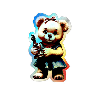 Whimsical Holographic Die-cut Stickers - Cute Teddy Bear with Chess Piece
