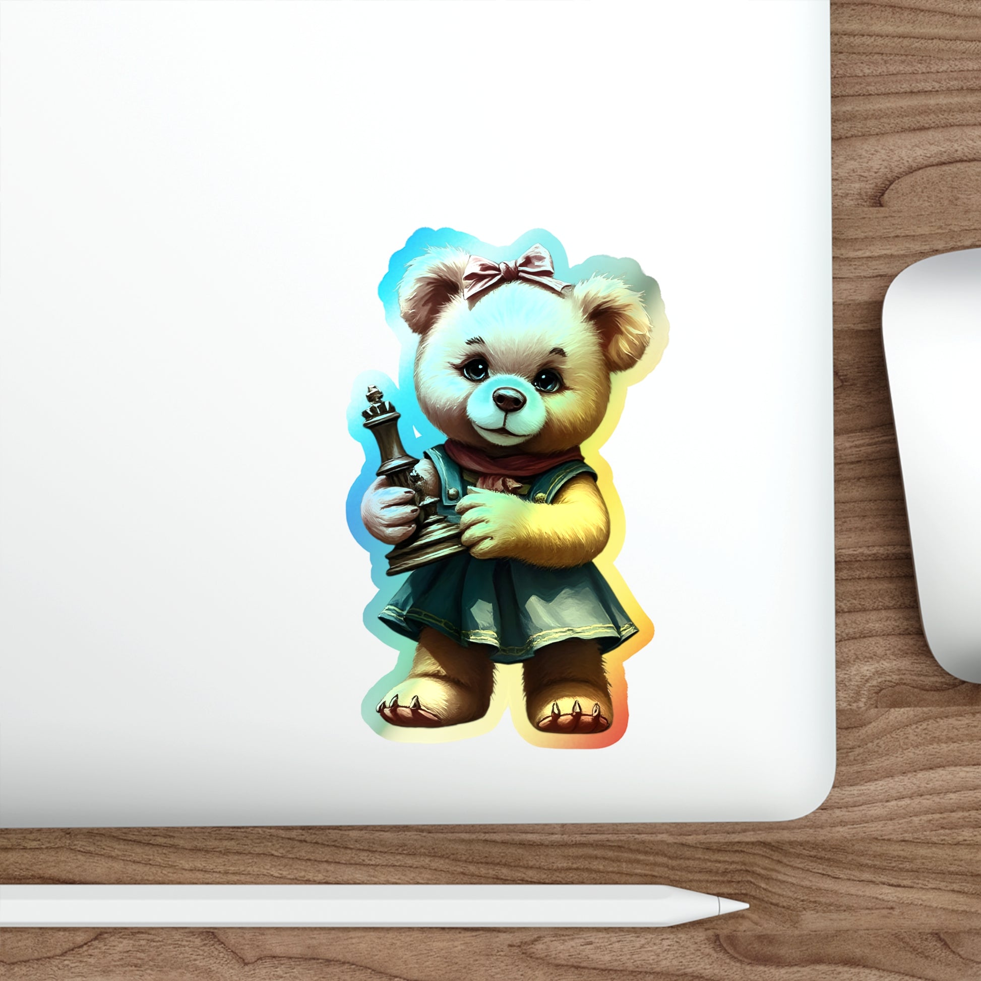 Whimsical Holographic Die-cut Stickers - Cute Teddy Bear with Chess Piece