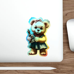 Whimsical Holographic Die-cut Stickers - Cute Teddy Bear with Chess Piece