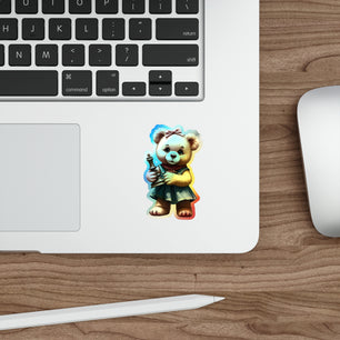 Whimsical Holographic Die-cut Stickers - Cute Teddy Bear with Chess Piece
