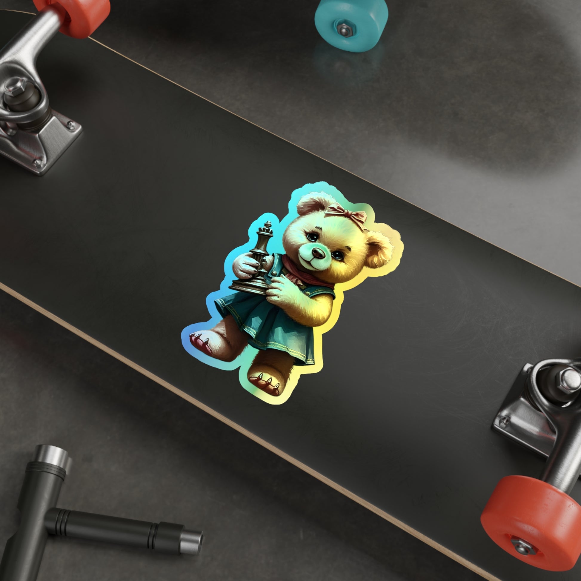 Whimsical Holographic Die-cut Stickers - Cute Teddy Bear with Chess Piece