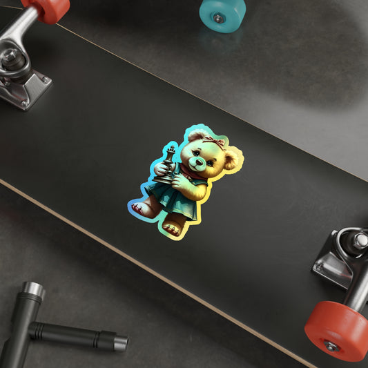 Whimsical Holographic Die-cut Stickers - Cute Teddy Bear with Chess Piece